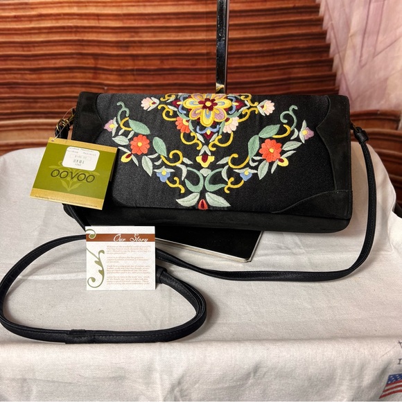 OOVOO Handbags - NWT OOVOO Black Suede Satin Floral Embroidered Women's Bag, beautiful